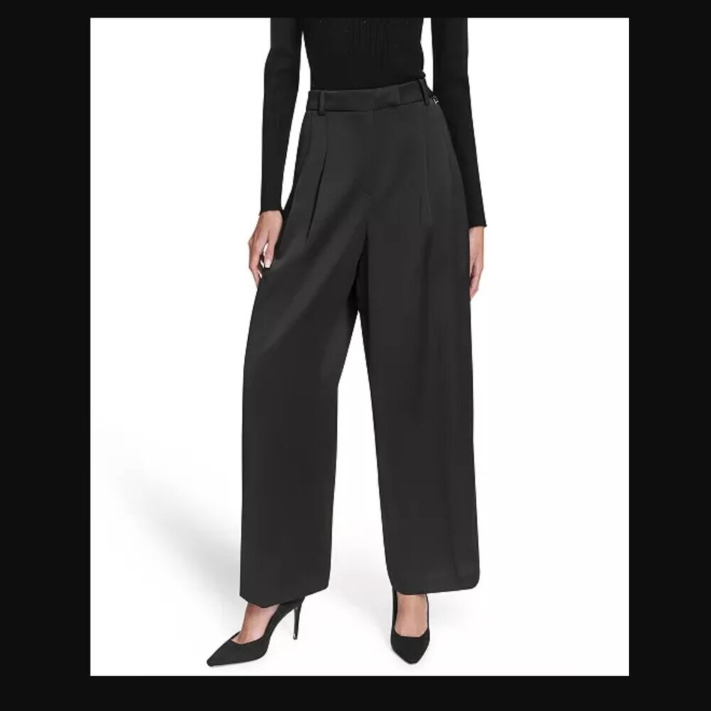 Halston Linen Wide Leg Pants in Black with High Waist
